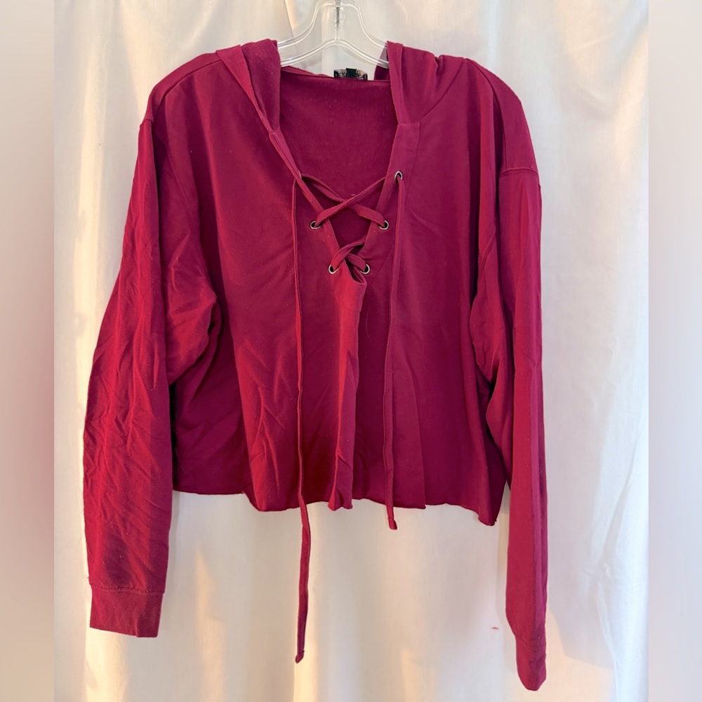Express Maroon Crop Tie Front Hoodie